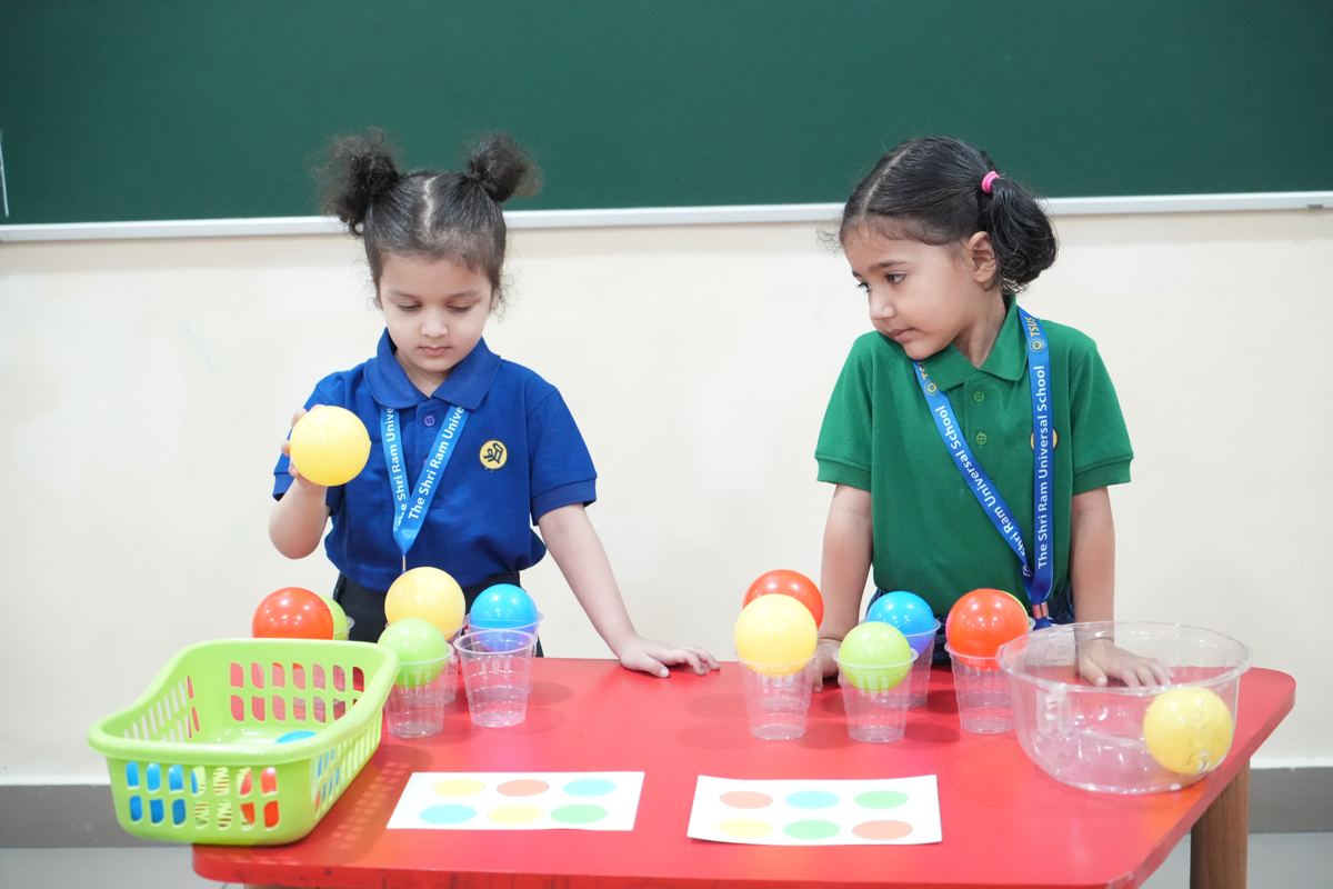 Two young children sorting coloured balls during a Pre-Nursery activity at TSUS Sarabha Nagar
